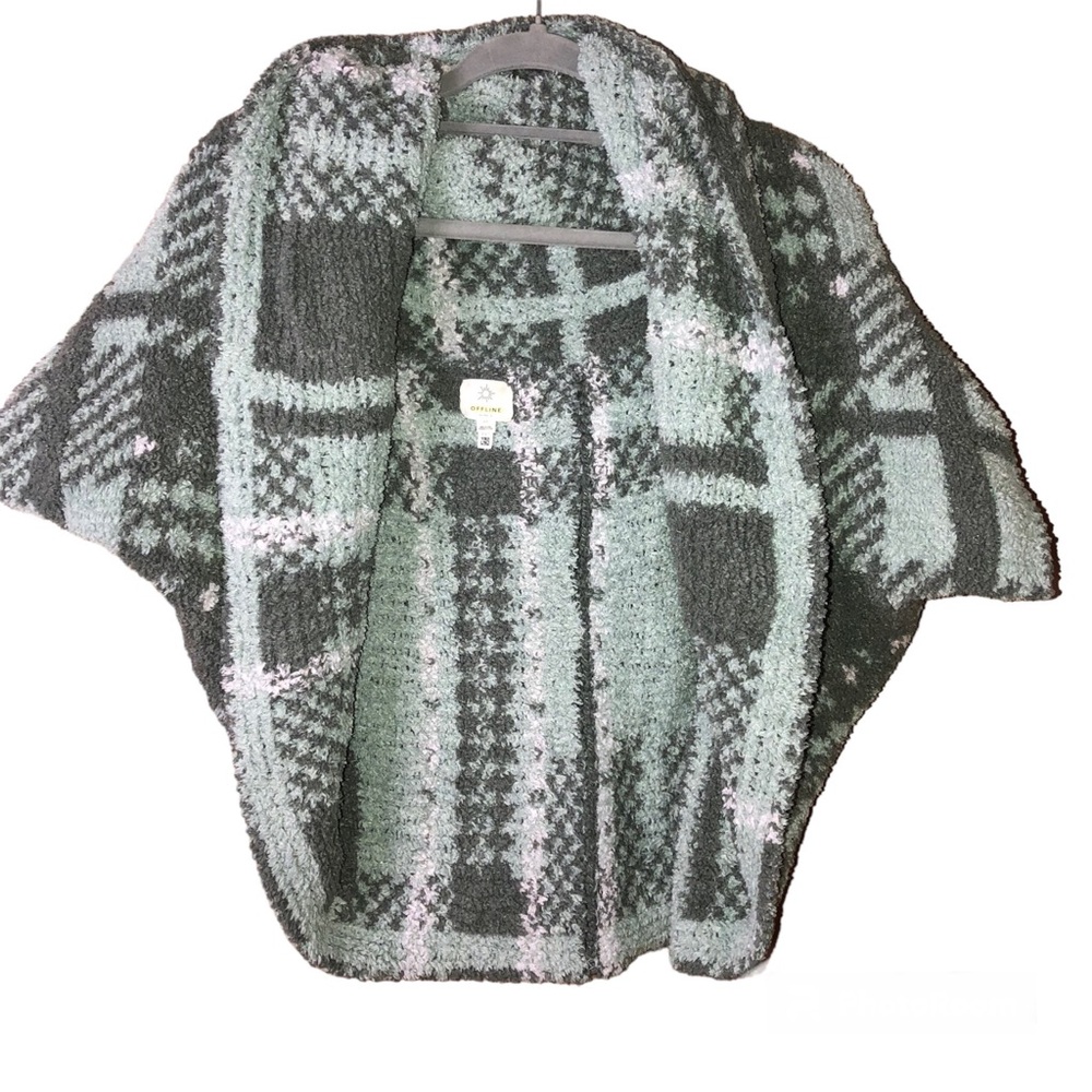 Aerie offline‎ Fuzzy Shawl Shrug cardigan Sweater Green Grey OS